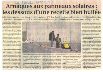 Arnaques aux panneaux solaires – Article publié dans la Dépêche du 08/02/2026
